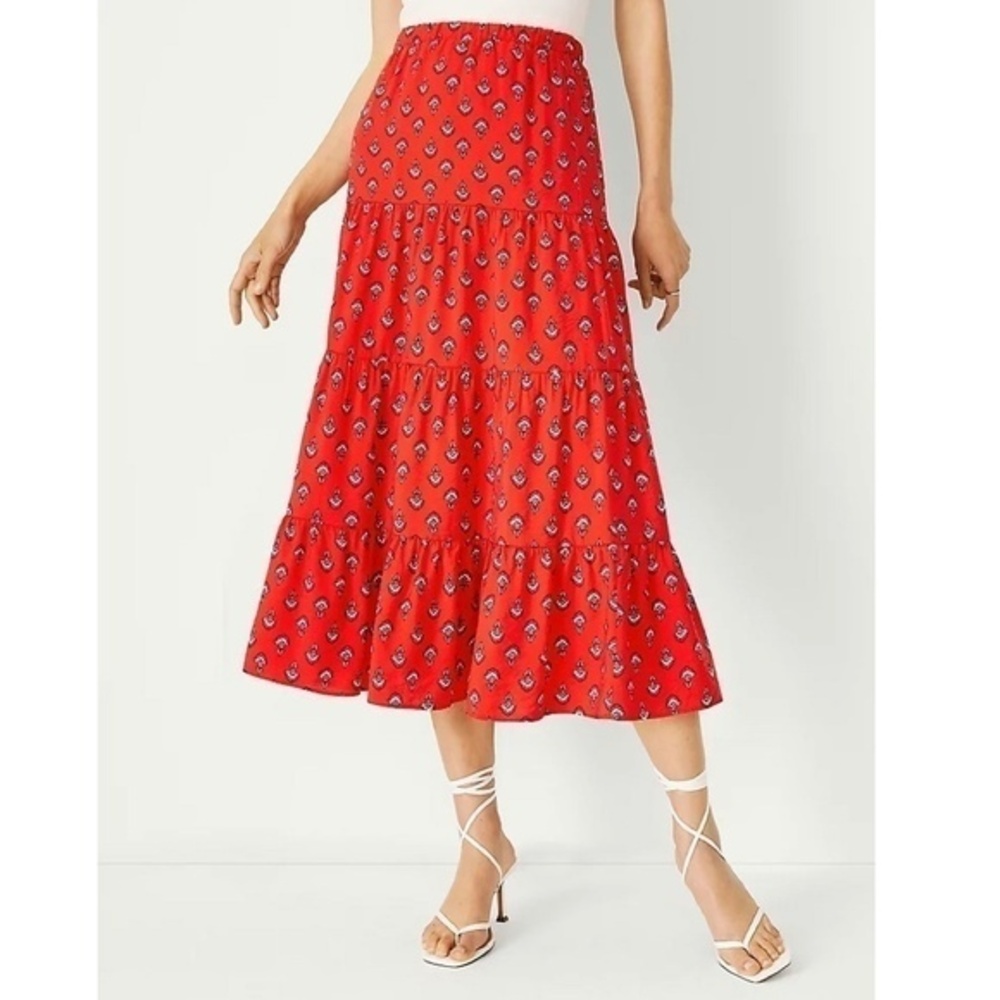 NWOT Ann Taylor Block Floral Tiered Midi Skirt Tomato Red XXS